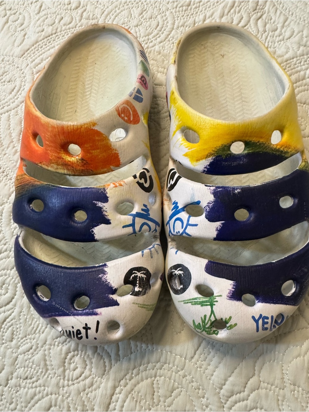 Keen Painted Slip-On Sandals in White, Navy, Orange & Yellow